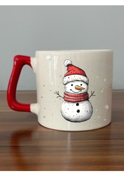 Kar Yağışı ve Kardan Adam Baskılı Kırmızı Kulplu Kupa Bardak Yılbaşı Yeni Yıl Hediyesi