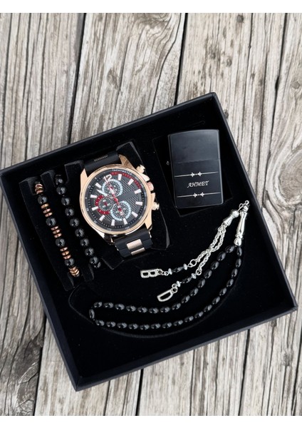 Kişiye Özel Erkek Kol Saati Benzinli Çakmak Tesbih Bileklik Seti HBSET10