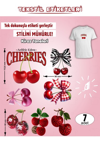 Ütü ile Yapışan Kıyafet Etiketi Kiraz Taneleri 7li Set