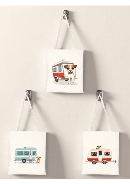 Köpek ve Karavan Baskılı Bez Çanta 3'lü Omuz Çantası - Hediye Kadın Sevgiliye Hediye