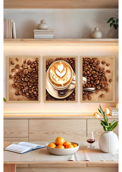 ☕ Dekorasyona Sıcak Bir Dokunuş Katın – Kahve Temalı 3'lü Çerçeve Görünümlü Tablo Seti CRVS1008 13 x 17