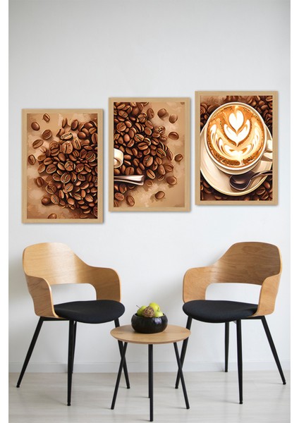 ☕ Dekorasyona Sıcak Bir Dokunuş Katın – Kahve Temalı 3'lü Çerçeve Görünümlü Tablo Seti CRVS1008 13 x 17 modelleri
