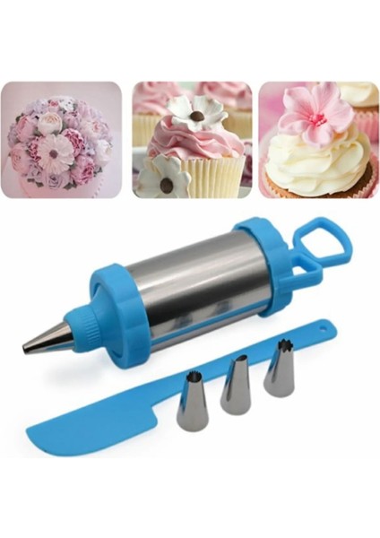 Paslanmaz Çelik Krema Pompası – 4 Uçlu Pasta Kek Süsleme Krema Şekillendirme Spatula Aparatı Seti