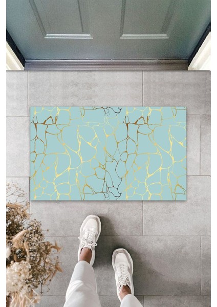 Çok Amaçlı Dijital Baskı Turkuaz-Gold Ebruli Iç ve Dış Mekan Kapı Paspası