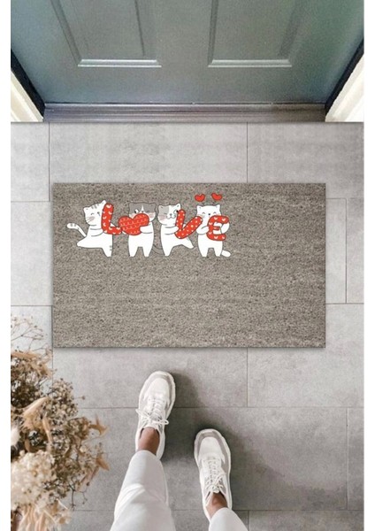 Defnada Dijital Baskı Gri Love Harflerini Tutan Beyaz Kediler Dekoratif Kapı Paspası K-2067
