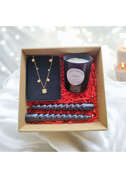 Hediye Seti-Kokulu Siyah Bardak Mum-Yonca Kolye+Burgulu Mum
