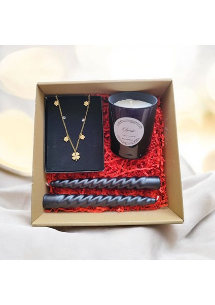 Hediye Seti-Kokulu Siyah Bardak Mum-Yonca Kolye+Burgulu Mum modelleri
