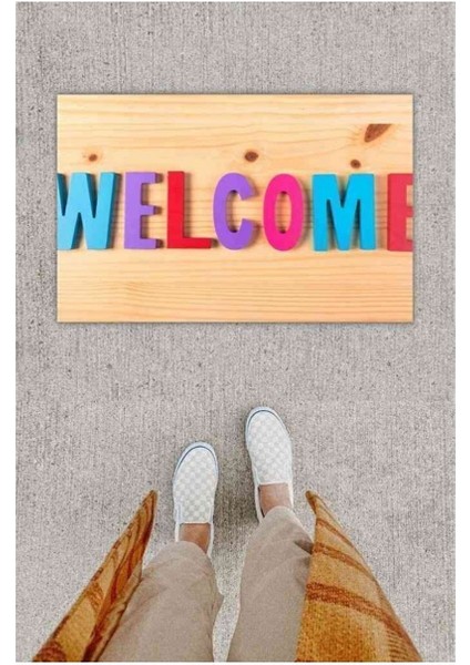 Dijital Baskı Dekoratif Welcome Ahşap Kapı Önü Paspası