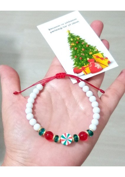 Yılbaşı Kartlı Fimo ve Cam Boncuklu Yılbaşı Bileklik