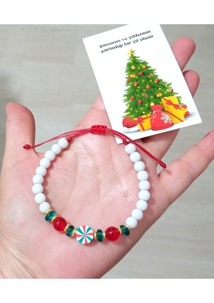 Yılbaşı Kartlı Fimo ve Cam Boncuklu Yılbaşı Bileklik