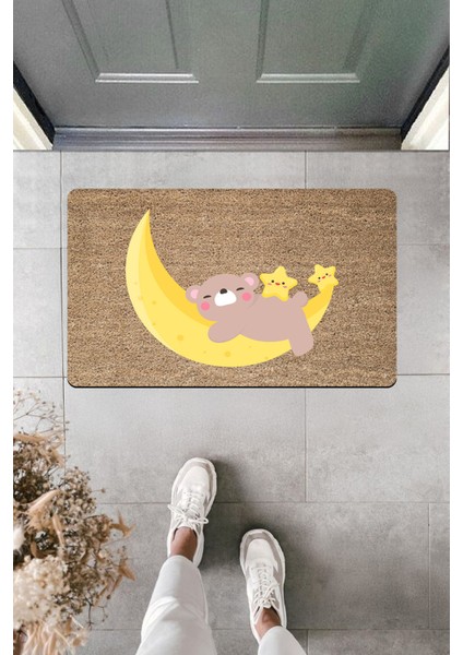 Yüksek Kaliteli Dijital Baskı Hilal Üstünde Keyif Yapan Ayıcık Kapı Önü Paspası