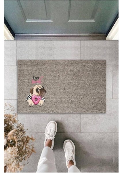 Dijital Baskı Kalitesi Gri Love Sweet Pembe Şekerlemeli Bulldog Köpek Dekoratif Kapı Paspası