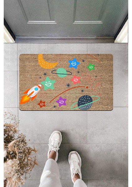 Yüksek Kaliteli Dijital Baskı Gezegenler Yıldızlar ve Roket Kapı Önü Paspası