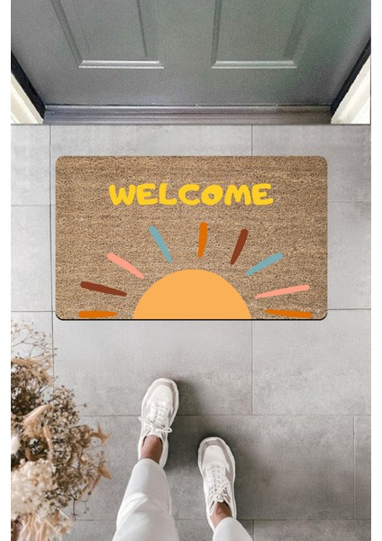 Yüksek Kaliteli Dijital Baskı Güneş Karikatürlü Welcome Kapı Önü Paspası