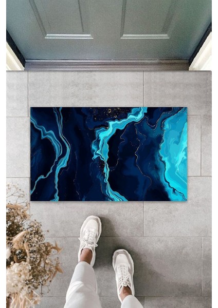 Çok Amaçlı Dijital Baskı Mavi Ebruli Iç ve Dış Mekan Kapı Paspası