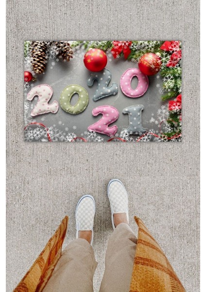 Dijital Baskı Dekoratif Yılbaşı 2020-21 Çok Renkli Kapı Önü Paspası