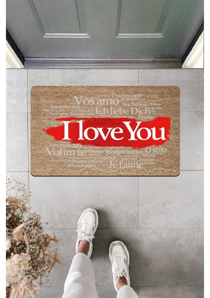 Yüksek Kaliteli Dijital Baskı Farklı Dillerde I Love You Kırmızılı Kapı Önü Paspası