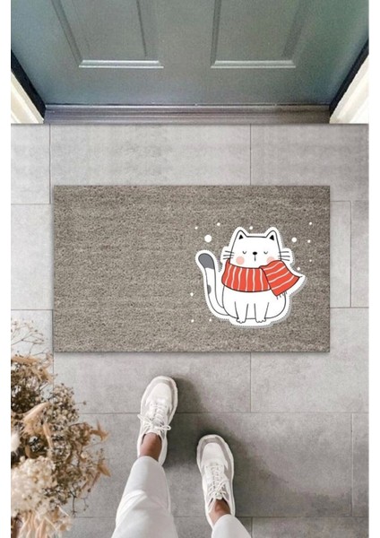 Defnada Dijital Baskı Gri Kırmızı Atkılı Beyaz Kedi Dekoratif Kapı Paspası K-2059