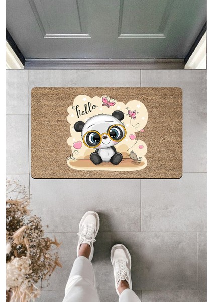 Yüksek Kaliteli Dijital Baskı Kelebekli Gözlüklü Hello Diyen Şirin Panda Kapı Önü Paspası