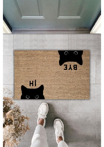 Dijital Baskı Siyah Kedicikli Renkli Desenli Kapı Önü Paspası