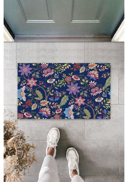 Çok Amaçlı Dijital Çoklu Çiçekler Lacivert Kapı Paspası Dış Mekan Paspas