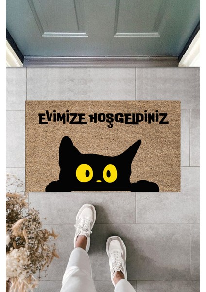 Modern Paspas - Şaşkın Yarım Kedi Kahve Taban - Özel Tasarım Kapı Önü Paspası