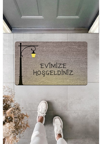 Yüksek Kaliteli Dijital Baskı Sokak Lambalı Evimize Hoşgeldiniz Gri Kapı Önü Paspası