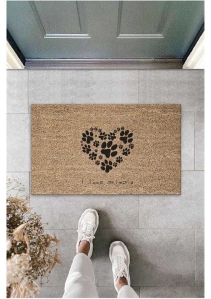 Dijital Baskı Kalitesi Kahverengi Patili Kalp I Love Animals Dekoratif Kapı Paspası
