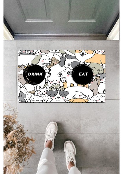 Yüksek Kaliteli Dijital Baskı Soft Mavi Köpek Grafikli Eat Drink Kapı Önü Paspası