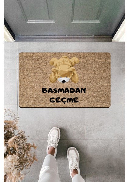 Yüksek Kaliteli Dijital Baskı Yatan Ayıcık Basmadan Geçme Mesajlı Kapı Önü Paspası