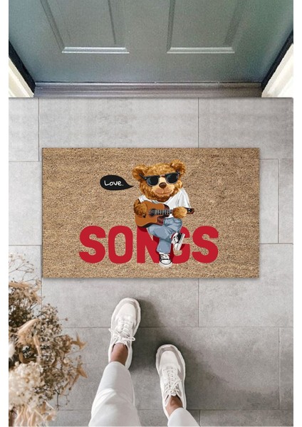 Çok Amaçlı Dijital Song Ayıcıklı Bej Kapı Paspası Dış Mekan Paspas