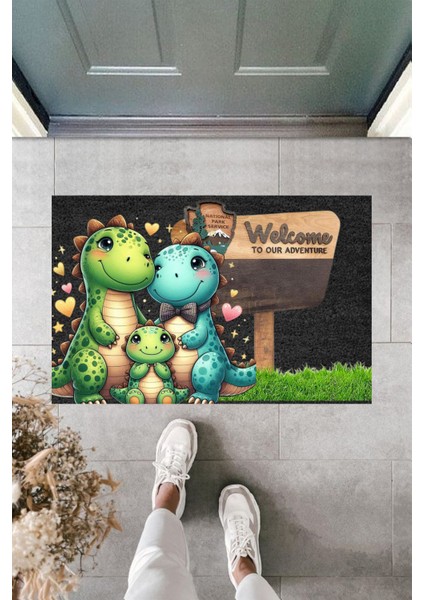 Modern Paspas -Şirin Dinazor Ailesi Welcome Tabelası - Özel Tasarım Kapı Önü Paspası 38
