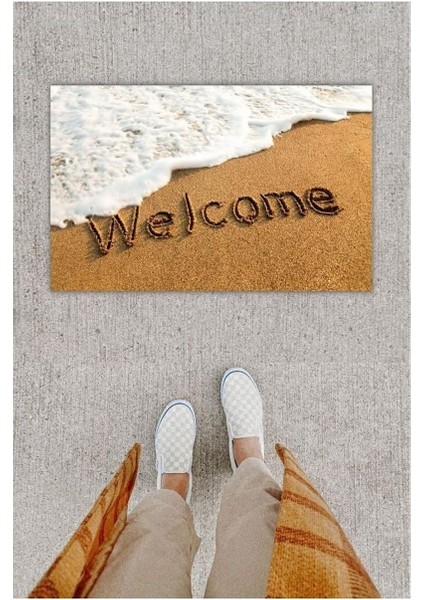 Dijital Baskı Dekoratif Welcome Beyaz Kapı Önü Paspası