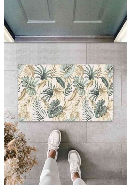 Dekoratif Dijital Yaprak Açık Kahve Kapı Paspası Dış Mekan Paspas