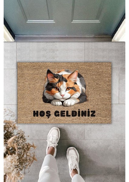 Modern Dijital Baskı Paspas - Kahverengi Tatlı Kedi - Kapi Onu Paspasi