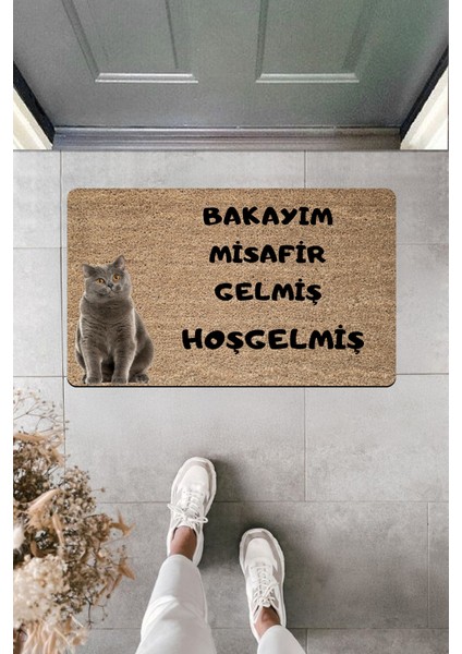 Yüksek Kaliteli Dijital Baskı Gri Kedi '' Bakayım Misafir Gelmiş Hoşgelmiş'' Kapı Önü Paspası