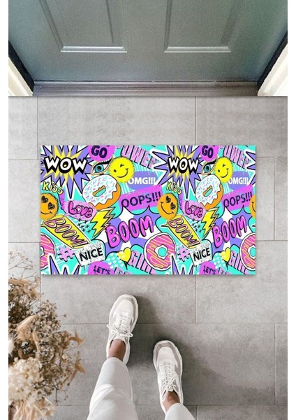 Dekoratif Dijital Wow Boom Renkli Kapı Paspası Dış Mekan Paspas