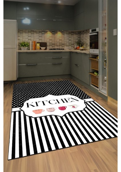 Stil Sahibi Mutfaklara Özel Çizgili ve Illüstrasyonlu Siyah Beyaz Kaymaz Taban Halı