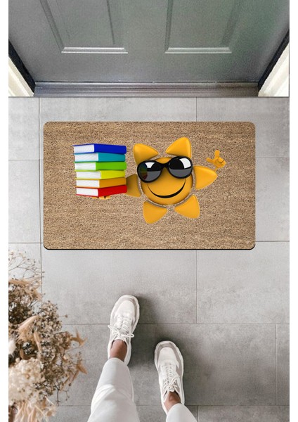 Yüksek Kaliteli Dijital Baskı Gözlüklü Güneş ve Kitapları Kapı Önü Paspası