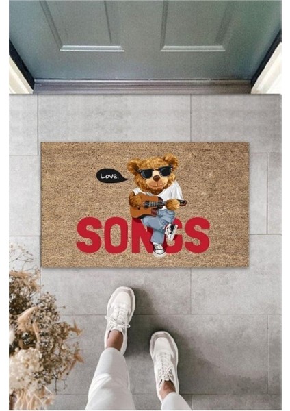 Çok Amaçlı Dijital Song Ayıcıklı Bej Kapı Paspası Dış Mekan Paspas