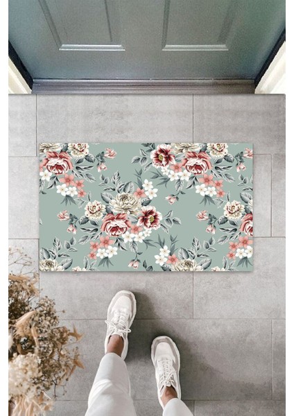 Çok Amaçlı Dijital Baskı Turkuaz Çiçek Iç ve Dış Mekan Paspas