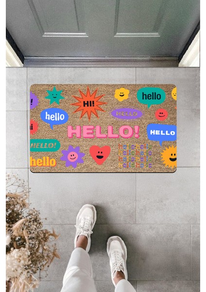 Yüksek Kaliteli Dijital Baskı Renkli Hi ve Hello Kapı Önü Paspası