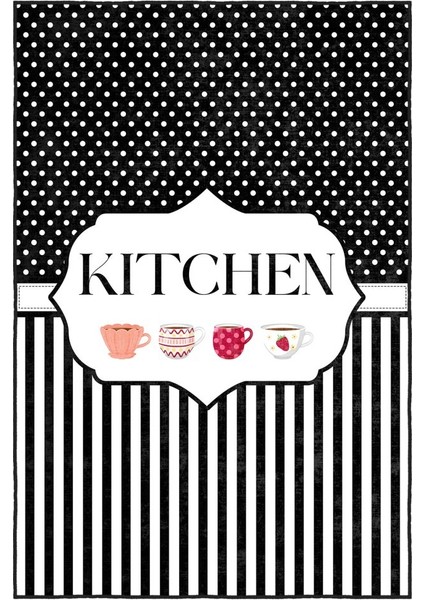 Stil Sahibi Mutfaklara Özel Çizgili ve Illüstrasyonlu Siyah Beyaz Kaymaz Taban Halı fırsatları