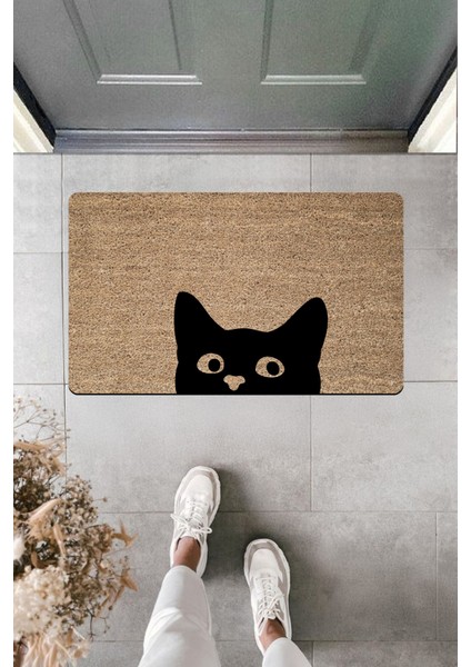 Yüksek Kaliteli Dijital Baskı Alttan Bakan Siyah Kedicik Kapı Önü Paspası