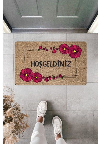 Yüksek Kaliteli Dijital Baskı Büyük Mor Çiçekli Hoşgeldiniz Kapı Önü Paspası