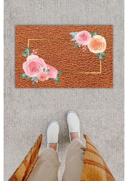 Dijital Baskı Dekoratif Çiçek Kahverenk Kapı Önü Paspası