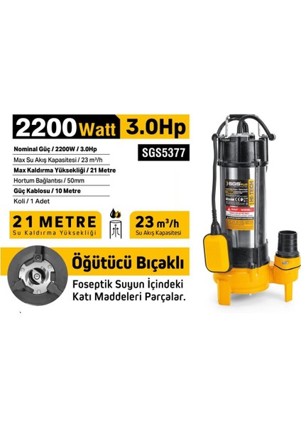 SGS5377 - 21 Metre 3 Hp Inox Foseptik Dalgıç Pompa Parçalayıcı Öğütücü Bıçaklı 2200 Watt fiyatları