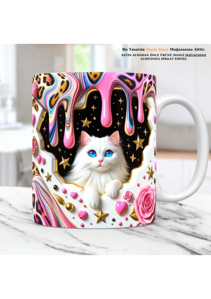 Pembe Yavru Kedi Baskılı 3D Efekli Hediyelik Kupa Bardak