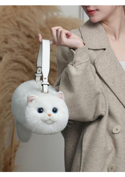 Bear & Deer Pelüş Kedi Şeklinde El Çantası – Beyaz - BD-CAT006