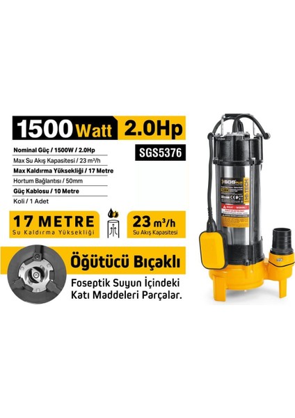 SGS5376 - 17 Metre 2 Hp Inox Foseptik Dalgıç Pompa Parçalayıcı Öğütücü Bıçaklı 1500 Watt fiyatları